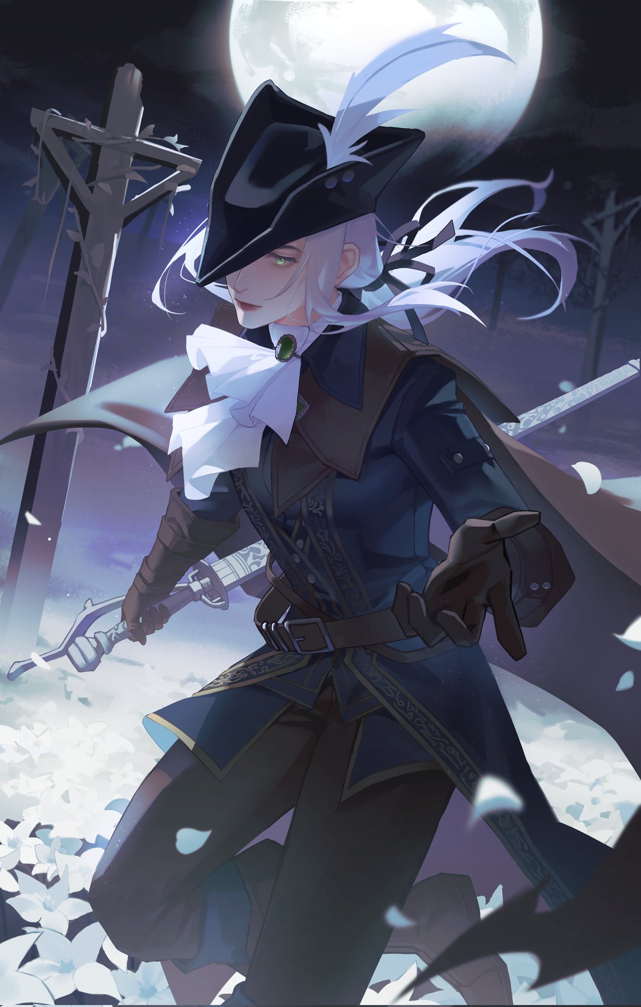 1girl ascot bloodborne cloak coat field flower flower_field from_software geranbb gloves hat hat_feather highres holding holding_weapon lady_maria_of_the_astral_clocktower long_hair moon night night_sky outdoors sky solo sword tricorne weapon white_flower white_hair