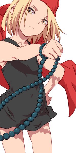 1girl aoi_nori_(aoicoblue) beads black_dress blonde_hair closed_mouth covered_navel cowboy_shot dress hand_on_own_hip holding kyouyama_anna long_hair looking_at_viewer prayer_beads shaman_king short_hair simple_background solo white_background yellow_eyes