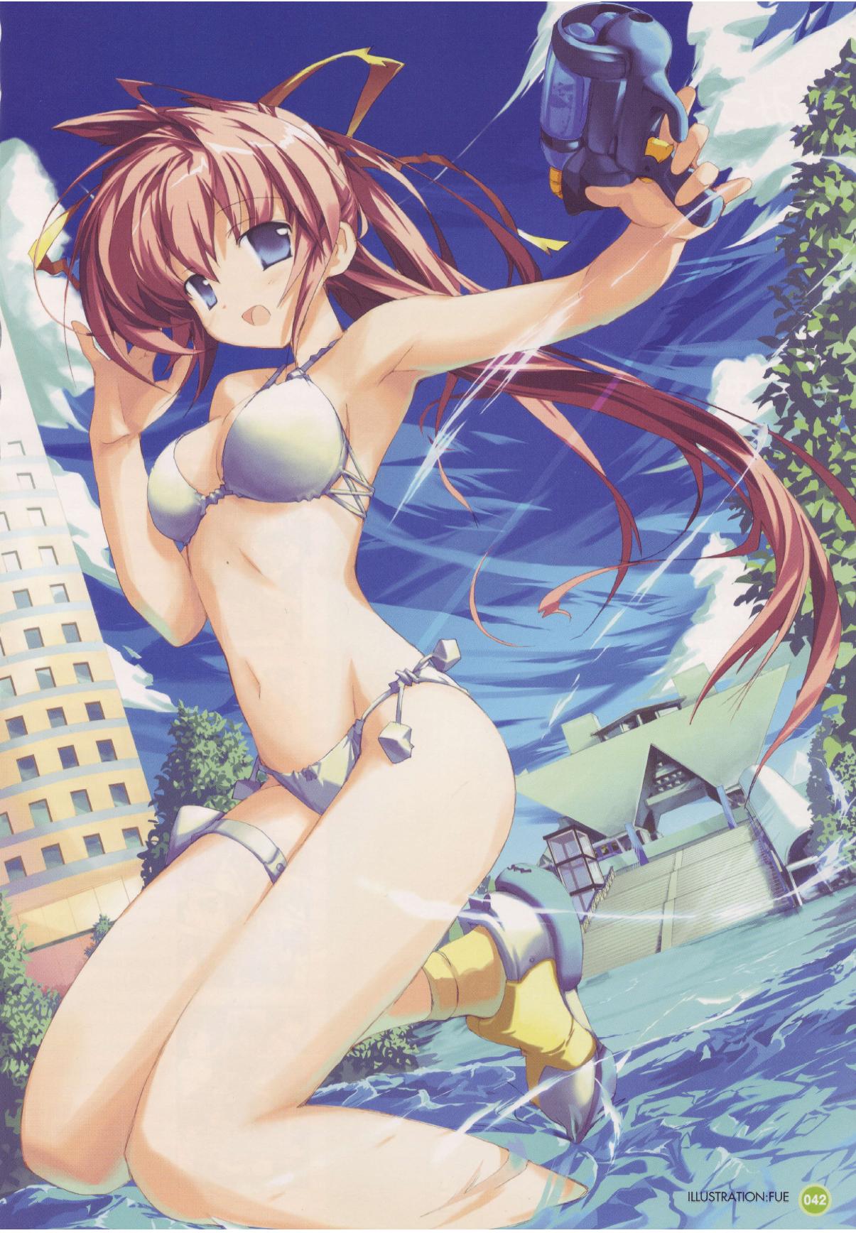 bikini bleed_through blue_eyes boots brown_hair comic_party fue fue_(tsuzuku) highres jpeg_artifacts long_hair ponytail side-tie_bikini solo swimsuit swimsuit takase_mizuki tokyo_big_sight water_gun