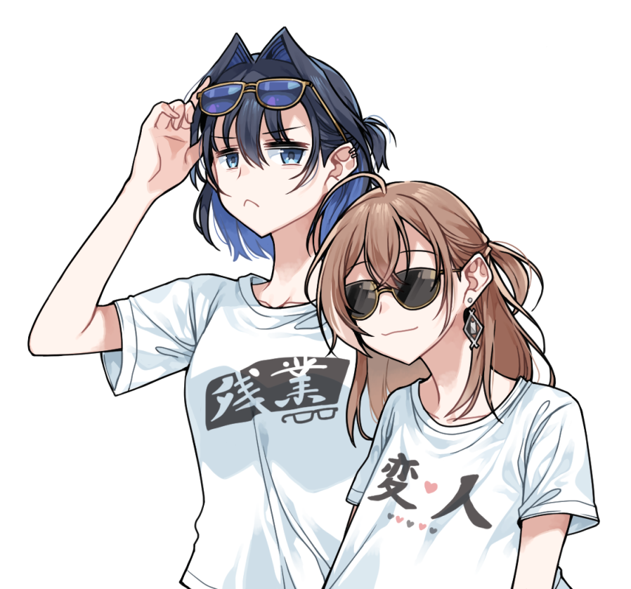 2girls :&lt; adjusting_eyewear ahoge alternate_costume blue_eyes blue_hair brown_hair casual clipe earrings frown hair_intakes heart height_difference hololive hololive_english jewelry long_hair multiple_girls nanashi_mumei ouro_kronii ponytail shirt_tug short_hair smirk sunglasses translation_request upper_body virtual_youtuber