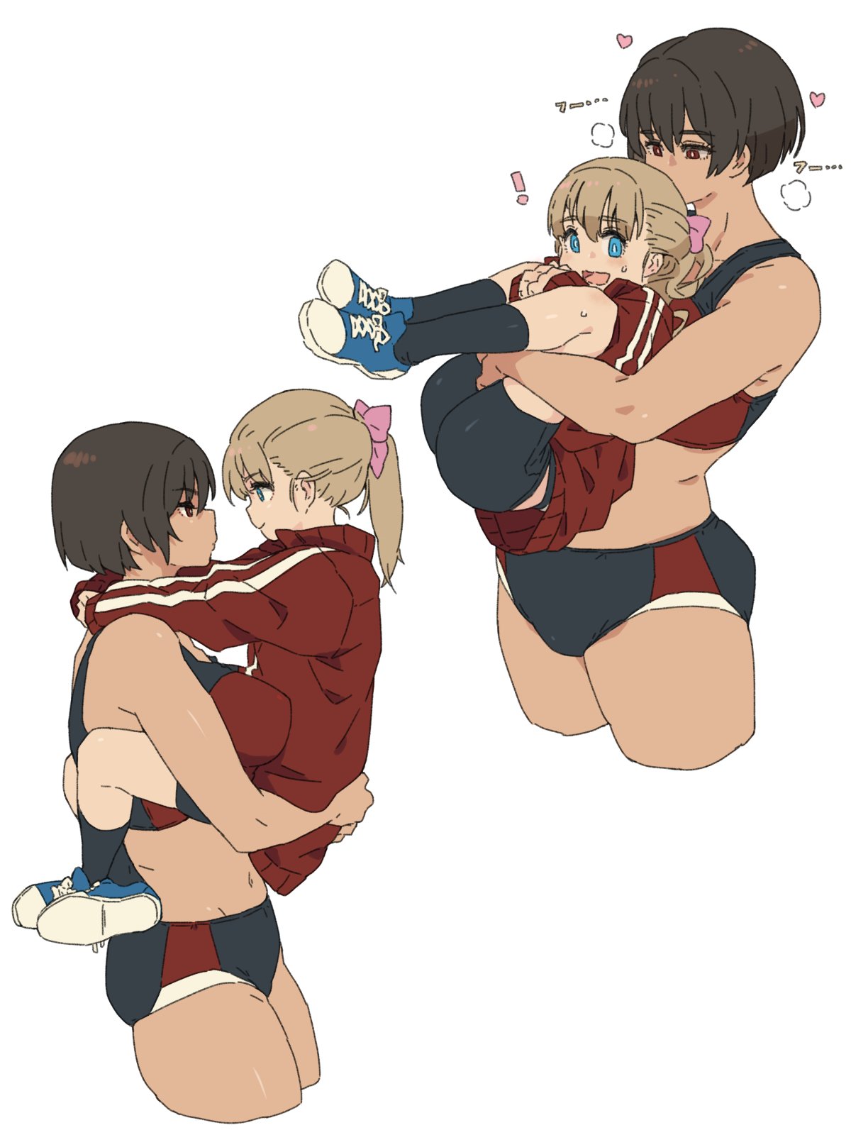 2girls carrying carrying_person gym_uniform height_difference highres m_k multiple_girls original standing tall tall_female tomboy yuri