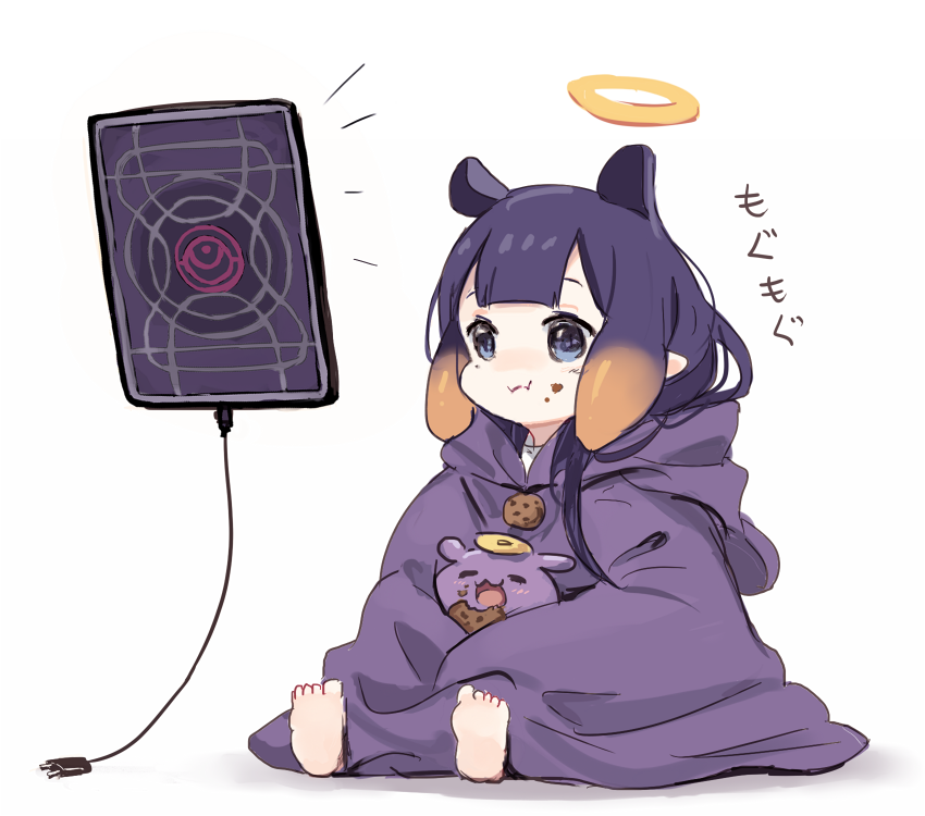 1girl 1other =_= ao-chan_(ninomae_ina'nis) barefoot blue_eyes blunt_bangs cable closed_mouth cookie crumbs eating emphasis_lines food food_on_face halo hololive hololive_english hood hoodie long_hair looking_afar ninomae_ina'nis open_mouth plug purple_hair purple_hoodie simple_background sitting sitting_on_lap sitting_on_person takodachi_(ninomae_ina'nis) tentacle_hair toes translation_request virtual_youtuber white_background yuuyu_(777)