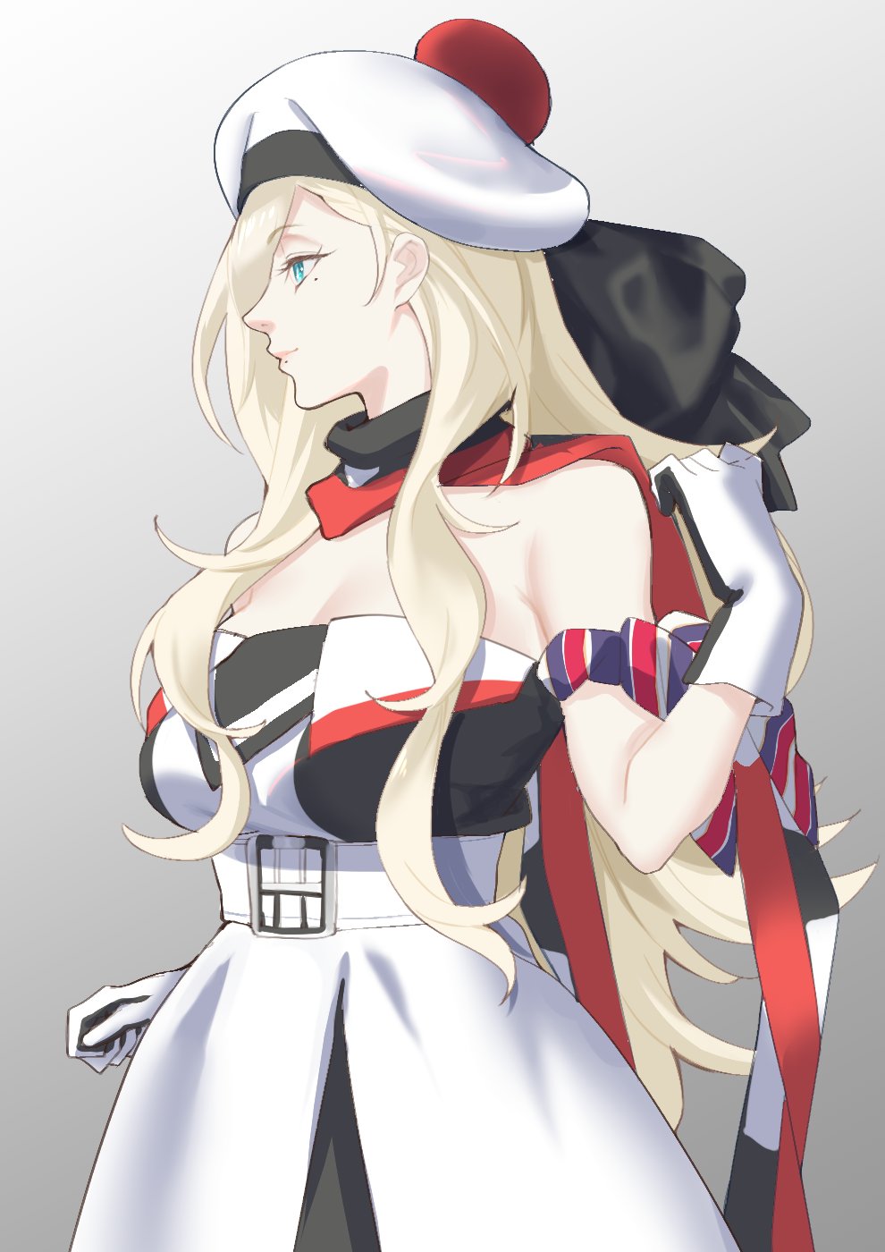 1girl bare_shoulders beret blonde_hair blue_eyes cowboy_shot dress gradient_background hair_between_eyes hat highres kantai_collection long_hair mole mole_under_eye mole_under_mouth pom_pom_(clothes) profile red_scarf richelieu_(kancolle) scarf shingyou_(alexander-13) solo strapless strapless_dress two-tone_dress two-tone_gloves white_dress white_headwear