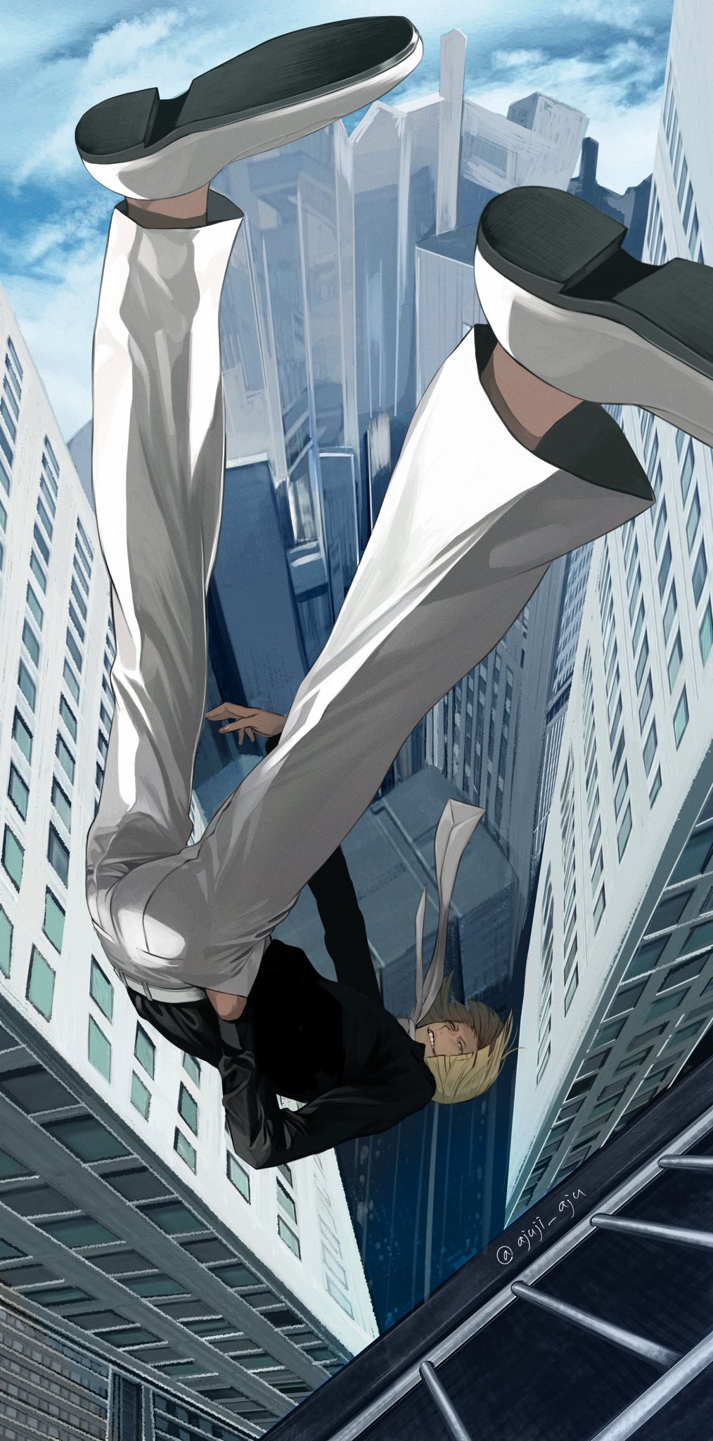 1boy ajuji_aju black_shirt bleach blonde_hair blue_sky blunt_ends bob_cut city commentary_request day dress_shoes falling floating_hair foreshortening from_above full_body grin half-closed_eyes hand_in_pocket highres hirako_shinji long_sleeves looking_at_viewer male_focus midair necktie outdoors outstretched_arm pants shirt short_hair sky smile solo twitter_username upside-down white_footwear white_necktie white_pants yellow_eyes