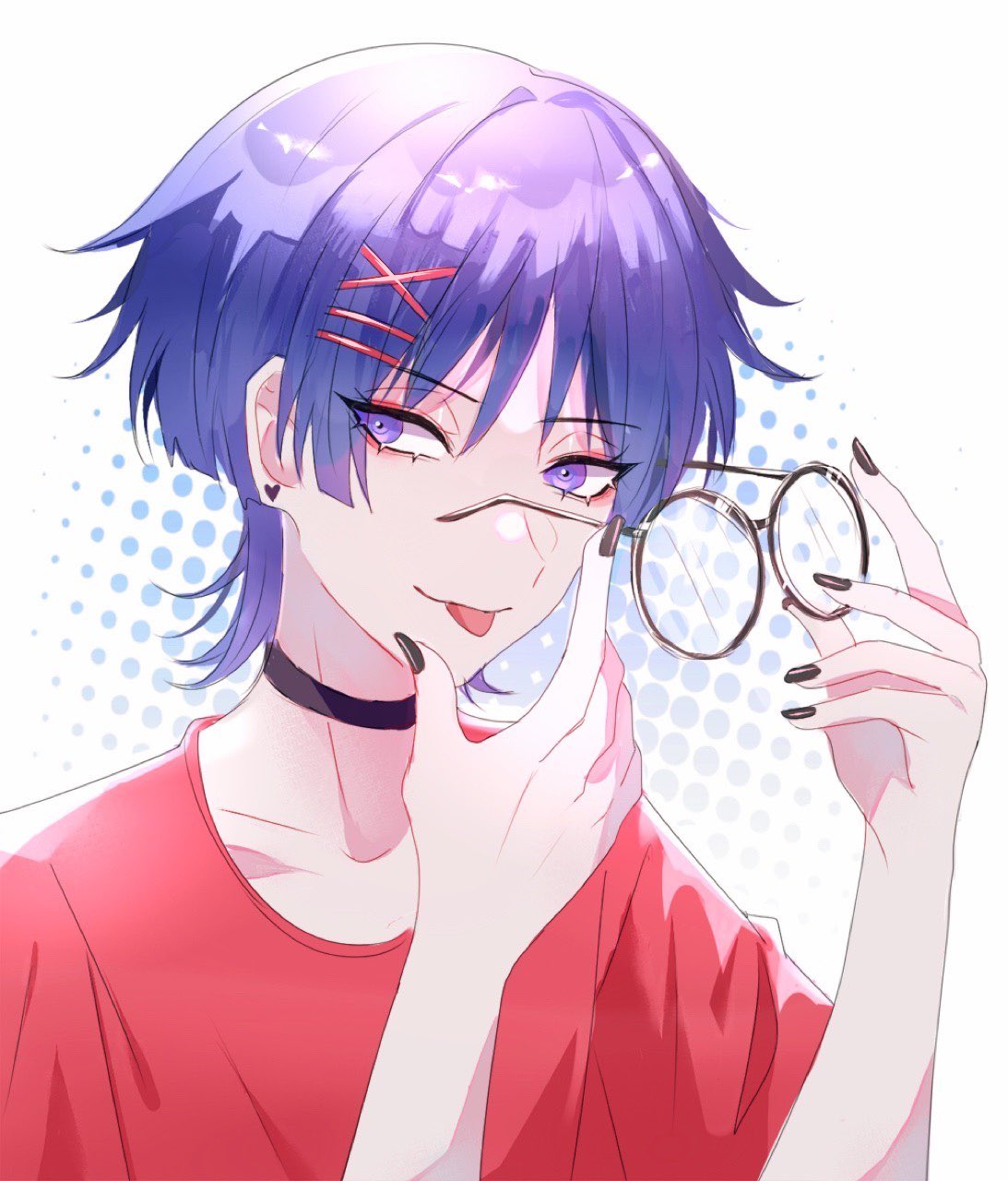 1boy black_choker black_nails blue_background choker earrings genshin_impact glasses hair_ornament hairpin heart heart_earrings highres holding holding_eyewear jewelry male_focus multicolored_background purple_hair red_eyeliner red_shirt rushiien scaramouche_(genshin_impact) shirt short_hair short_sleeves solo tongue tongue_out violet_eyes white_background