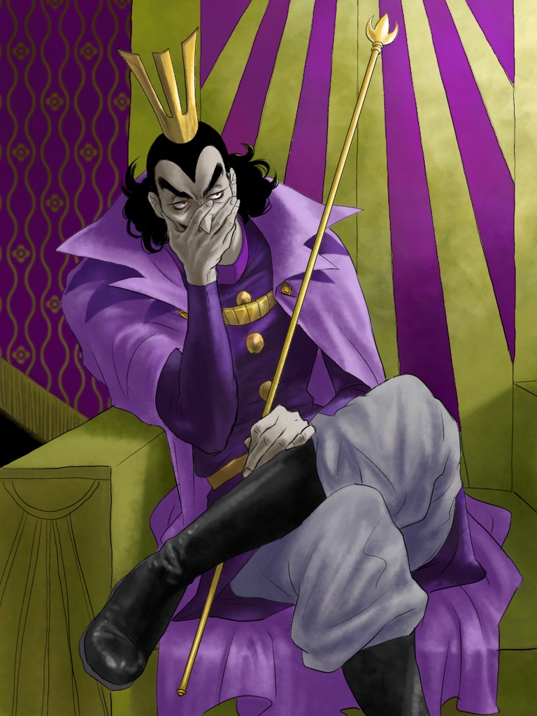 1boy black_footwear black_hair buttons coat covering_mouth crossed_legs crown curly_hair desha_(ousama_ranking) grey_pants holding holding_scepter male_focus medium_hair nai_(pixiv27684548) ousama_ranking pants patterned_background purple_coat scepter sitting thick_eyebrows throne