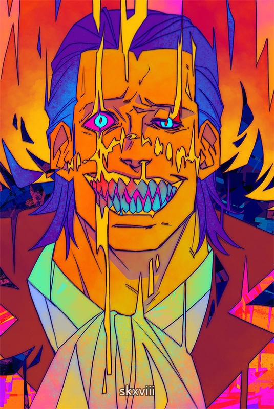 1boy artist_name crocodile_(one_piece) grin hair_slicked_back half-closed_eye looking_at_viewer male_focus mature_male one_piece psychedelic scar scar_on_face sharp_teeth short_hair sid_(skxviii) smile solo teeth upper_body