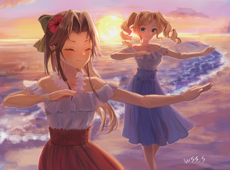 2girls alternate_costume bare_shoulders beach blonde_hair blue_eyes blue_skirt brown_hair closed_eyes clouds cowboy_shot drill_hair feet_out_of_frame flower flower_necklace frilled_shirt frills gradient_sky hair_intakes half_updo honolulu_(kancolle) horizon jintsuu_(kancolle) kantai_collection lei long_hair multiple_girls ocean outdoors pleated_skirt red_skirt shirt skirt sky sun sunset twin_drills twintails white_shirt wss_(nicoseiga19993411)