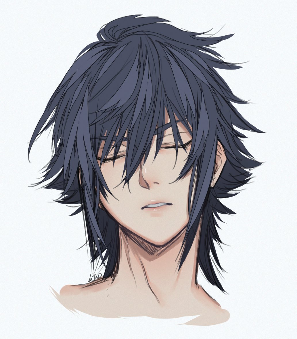 1boy b1n04 black_hair closed_eyes final_fantasy final_fantasy_xv hair_between_eyes head_only male_focus medium_hair noctis_lucis_caelum parted_lips portrait signature solo white_background