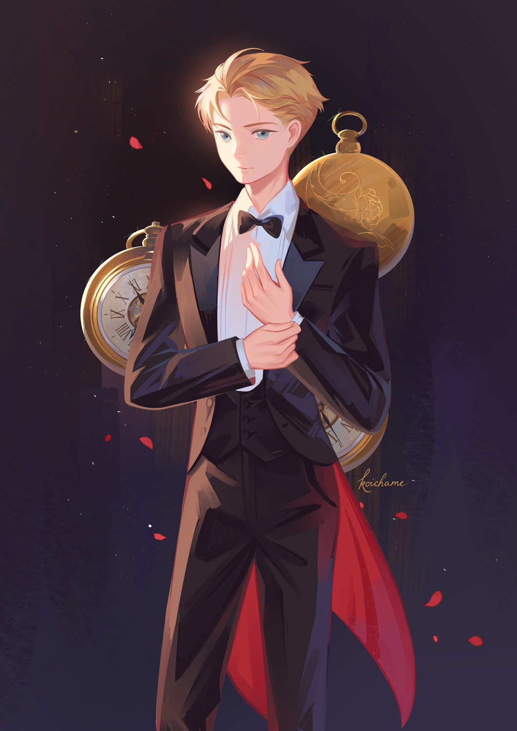 1boy artist_name black_bow black_bowtie blonde_hair blue_eyes bow bowtie commentary dark_background highres koichame long_sleeves looking_at_viewer male_focus petals pocket_watch short_hair smile solo spy_x_family tailcoat tuxedo twilight_(spy_x_family) watch