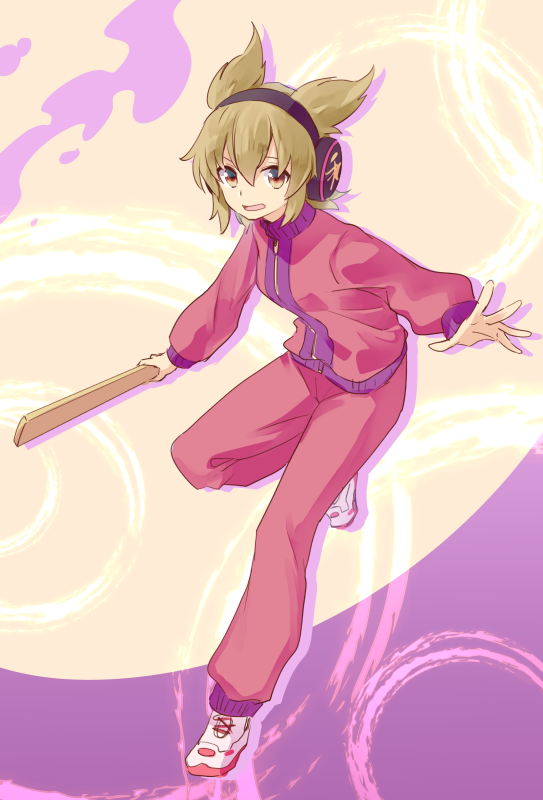1girl abstract_background alternate_costume breasts brown_eyes clip_studio_paint_(medium) drop_shadow earmuffs full_body hair_between_eyes holding holding_stick light_brown_hair long_sleeves looking_at_viewer makuwauri open_mouth pants pink_pants pink_sweater pointy_hair puffy_long_sleeves puffy_sleeves short_hair simple_background small_breasts solo standing standing_on_one_leg stick sweater touhou toyosatomimi_no_miko track_suit
