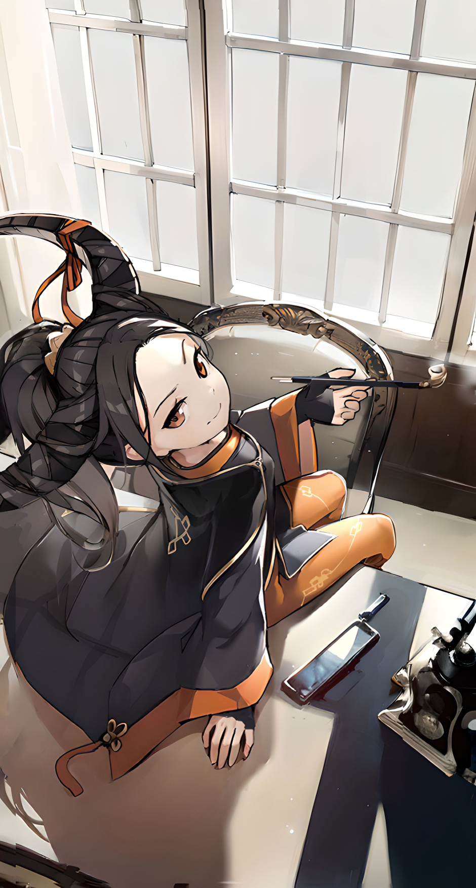 1girl black_hair black_horns blvefo9 closed_mouth commentary dress english_commentary from_above highres holding holding_smoking_pipe horns kiseru long_sleeves looking_at_viewer orange_eyes orange_pantyhose original pantyhose ponytail short_hair sitting sitting_on_table smoking_pipe solo table white_dress wide_sleeves window