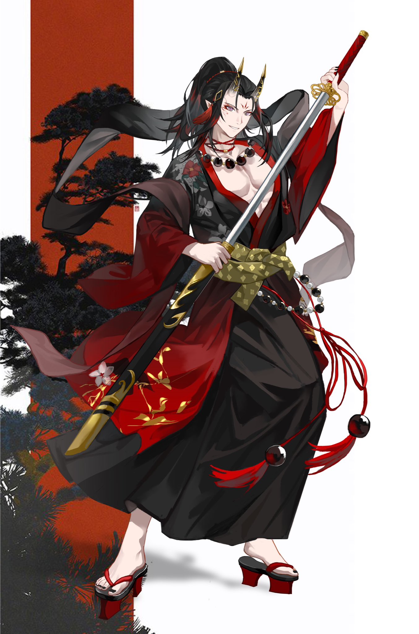 1boy arm_up bead_necklace beads black_hair black_horns black_kimono black_nails branch choker collarbone commentary english_commentary eyeshadow facepaint facial_mark fingernails floral_print forehead_mark full_body geta hair_ornament high_ponytail highres holding holding_sheath holding_sword holding_weapon horns japanese_clothes jewelry katana kimono long_hair long_sleeves looking_at_viewer makeup male_focus multicolored_eyes multicolored_hair nail_polish nebula_(nebula0205) necklace nijisanji nijisanji_en obi official_alternate_costume oni oni_horns open_clothes open_kimono parted_bangs parted_lips pectorals pointy_ears ponytail print_kimono red_background red_choker red_eyeshadow red_ribbon redhead ribbon sandals sash sheath sidelocks simple_background skin-covered_horns smile solo standing sword tassel toenail_polish toenails toes two-tone_background unsheathing violet_eyes virtual_youtuber vox_akuma vox_akuma_(2nd_costume) weapon white_background wide_sleeves yellow_eyes yellow_sash