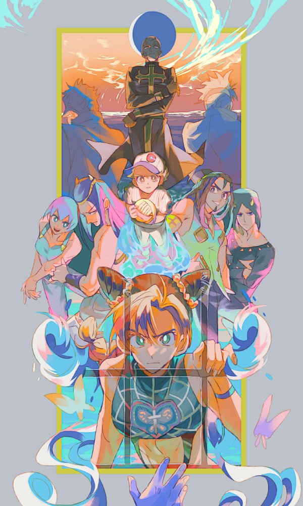 baseball_uniform black_hair blonde_hair brown_hair crescent_moon dio_brando emporio_alnino enrico_pucci ermes_costello everyone foo_fighters jojo_no_kimyou_na_bouken kujo_jolyne kujo_jotaro moon multicolored_hair narciso_anasui outstretched_hand partially_submerged pink_hair priest senzzang sportswear stone_ocean two-tone_hair weather_report window