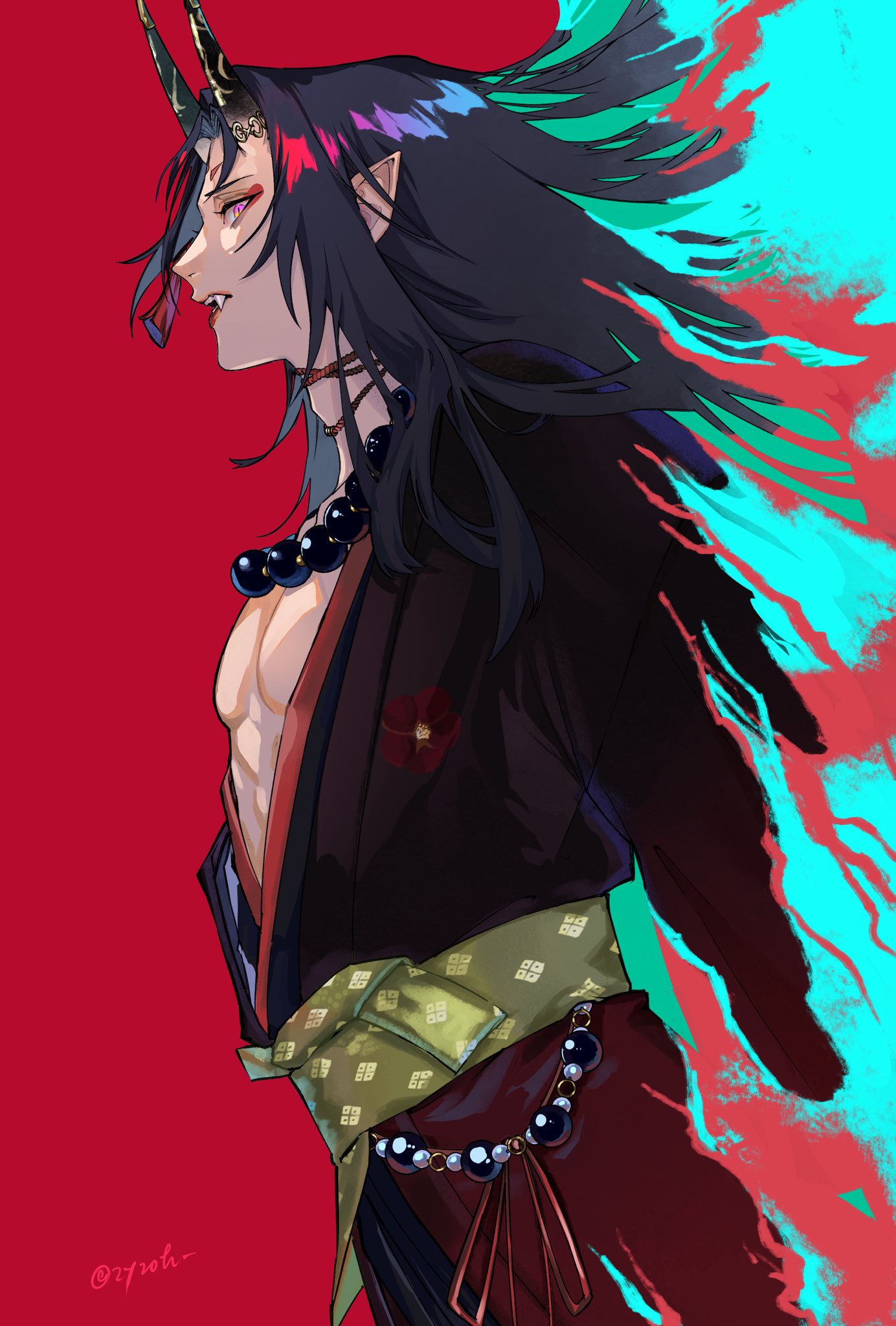 1boy artist_name bead_necklace beads black_hair black_horns black_kimono commentary_request eyeshadow fangs highres horns japanese_clothes jewelry kimono long_hair long_sleeves looking_at_viewer makeup male_focus multicolored_hair necklace nijisanji nijisanji_en obi official_alternate_costume oni oni_horns open_clothes open_kimono open_mouth parted_bangs pectorals pointy_ears profile red_background red_eyeshadow redhead sash sidelocks sideways_glance simple_background skin-covered_horns solo teeth twitter_username violet_eyes virtual_youtuber vox_akuma vox_akuma_(2nd_costume) yellow_sash zyzoh
