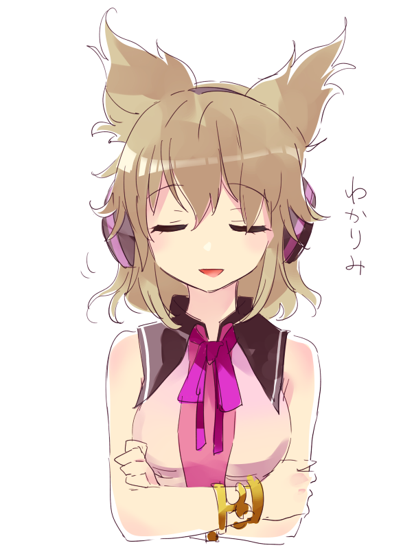 1girl :d arms_under_breasts bare_shoulders bracelet breasts clip_studio_paint_(medium) closed_eyes cropped_torso earmuffs jewelry light_brown_hair makuwauri medium_breasts medium_hair messy_hair open_mouth pointy_hair purple_ribbon ribbon simple_background smile solo touhou toyosatomimi_no_miko translation_request upper_body white_background