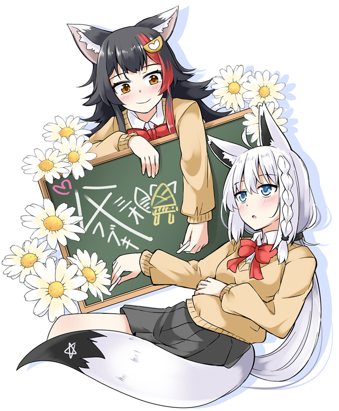 2girls ahoge ai_ai_gasa animal_ear_fluff animal_ears black_hair blush bow bowtie braid brown_sweater chalk chalkboard collared_shirt commentary_request flower_request fox_ears fox_girl fox_tail green_eyes grey_skirt hair_between_eyes hair_ornament hairclip hololive ichimi long_hair looking_at_another multicolored_hair multiple_girls ookami_mio open_mouth oruyanke_(shirakami_fubuki) pentagram pleated_skirt red_bow red_bowtie redhead shirakami_fubuki shirt sidelocks single_braid skirt smile streaked_hair sweater tail virtual_youtuber white_hair white_shirt wolf_ears wolf_girl
