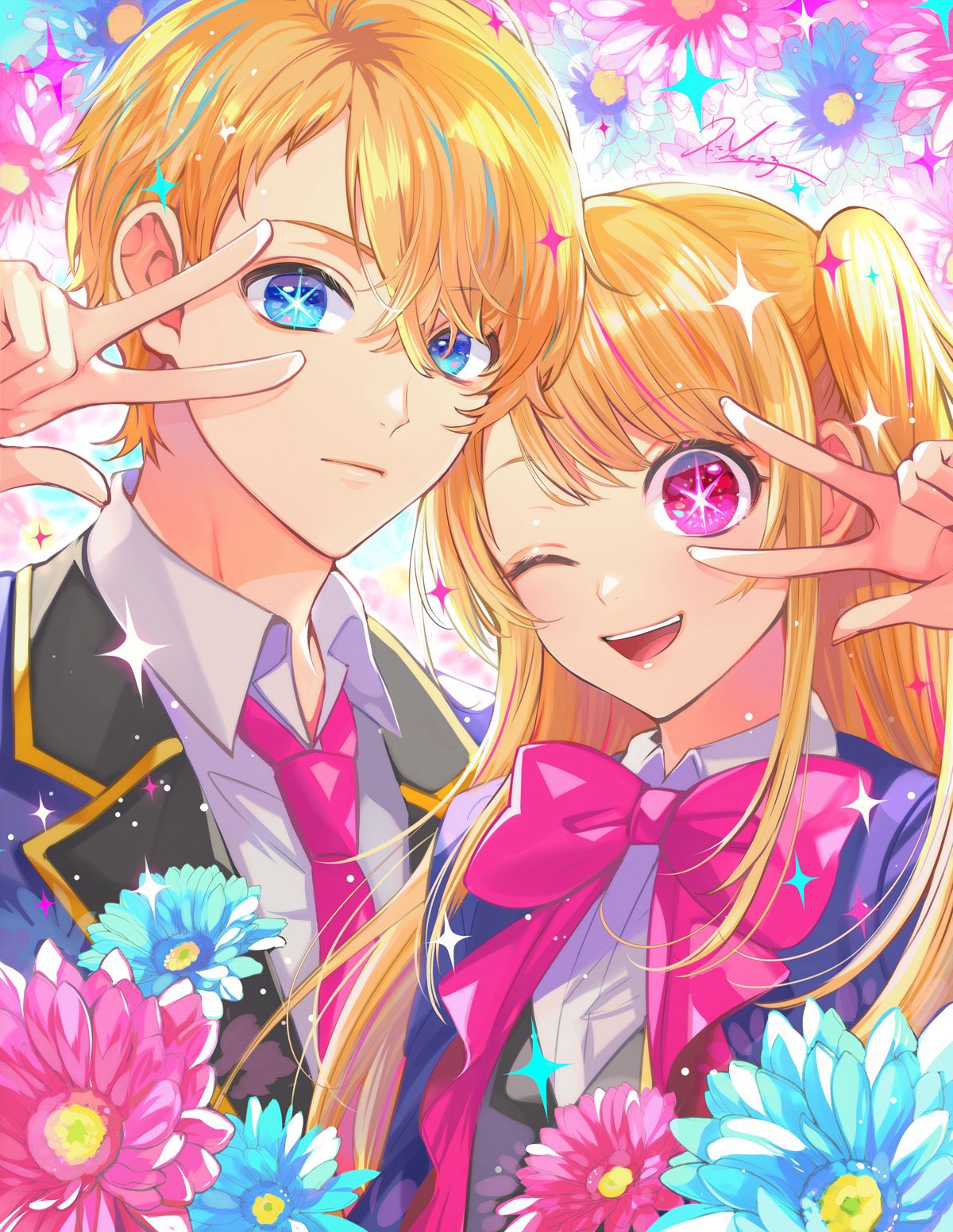 1boy 1girl ;d blonde_hair blue_eyes blue_flower bow bowtie brother_and_sister commentary flower highres hoshino_aquamarine hoshino_ruby long_hair matsurika_youko multicolored_hair one_eye_closed one_side_up oshi_no_ko pink_bow pink_bowtie pink_eyes pink_flower school_uniform short_hair siblings smile star-shaped_pupils star_(symbol) star_in_eye streaked_hair symbol-shaped_pupils symbol_in_eye twins v_over_eye youtou_high_school_uniform