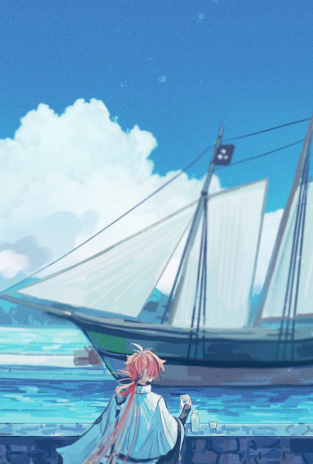 1boy black_kimono choko_(cup) clouds cup day facing_away fate/grand_order fate_(series) from_behind hair_rings holding holding_cup jacket japanese_clothes kimono long_hair long_sleeves low_ponytail male_focus ocean orizu_lm railing redhead ship solo takasugi_shinsaku_(fate) tokkuri upper_body watercraft white_jacket wide_sleeves