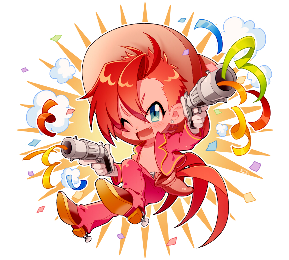 1boy belt blue_eyes boots chibi collarbone confetti cowboy_boots disney dual_wielding earrings fang gloves gun handgun hat holding humanization jacket jewelry jose_carioca kiri_futoshi male_focus one_eye_closed open_clothes open_mouth pants red_jacket red_pants redhead revolver short_hair smoke solo sombrero spurs tail_feathers the_three_caballeros weapon white_gloves