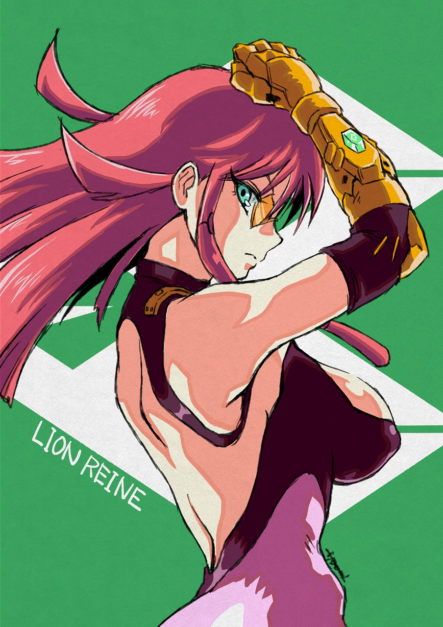 bare_back breasts gaogaigar green_eyes highres large_breasts long_hair looking_at_viewer mechanical_arms pink_hair renais_cardiff_shishiou ryon_(yasagure_un) single_mechanical_arm sunglasses yuusha_ou_gaogaigar yuusha_ou_gaogaigar_final yuusha_series