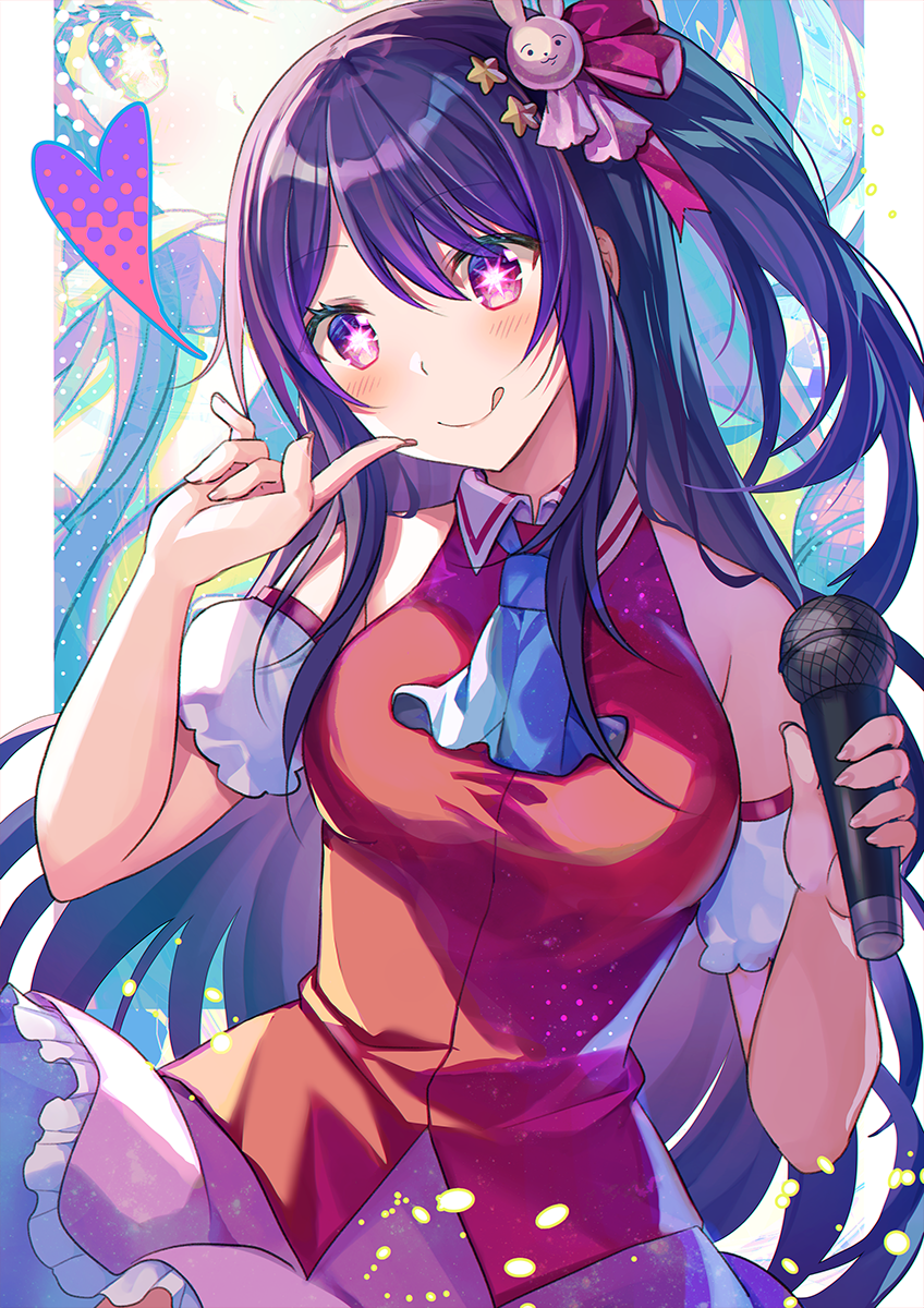 1girl ascot bare_shoulders blue_ascot blush closed_mouth collared_dress commentary craytm detached_sleeves dress finger_to_cheek frilled_dress frills gradient_eyes hair_between_eyes hair_ornament highres holding holding_microphone hoshino_ai_(oshi_no_ko) idol long_hair microphone multicolored_eyes one_side_up oshi_no_ko pink_dress pink_eyes pink_ribbon purple_hair rabbit_hair_ornament ribbon sidelocks star-shaped_pupils star_(symbol) star_hair_ornament symbol-only_commentary symbol-shaped_pupils tongue tongue_out violet_eyes