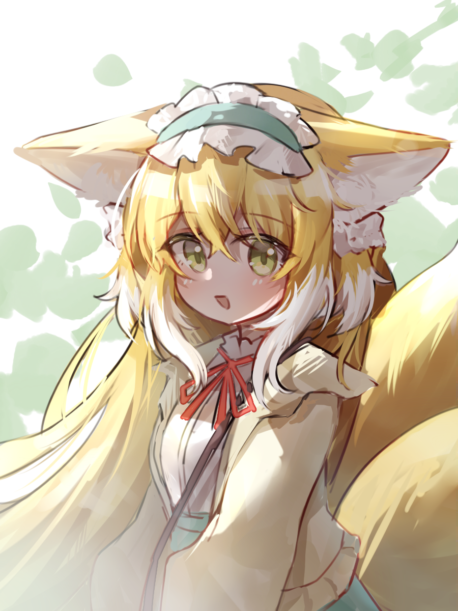 1girl :d animal_ear_fluff animal_ears aqua_hairband aqua_skirt arknights blonde_hair blush cardigan commentary fox_ears fox_girl fox_tail frilled_hairband frills from_side fumi_(fyvr2372) green_eyes hair_ornament hair_scrunchie hairband high-waist_skirt highres kitsune kyuubi long_sleeves looking_at_viewer multicolored_hair multiple_tails neck_ribbon official_alternate_costume open_cardigan open_clothes open_mouth puffy_long_sleeves puffy_sleeves red_ribbon ribbon scrunchie shirt skirt smile solo suzuran_(arknights) suzuran_(spring_praise)_(arknights) symbol-only_commentary tail two-tone_hair upper_body white_hair white_shirt yellow_cardigan