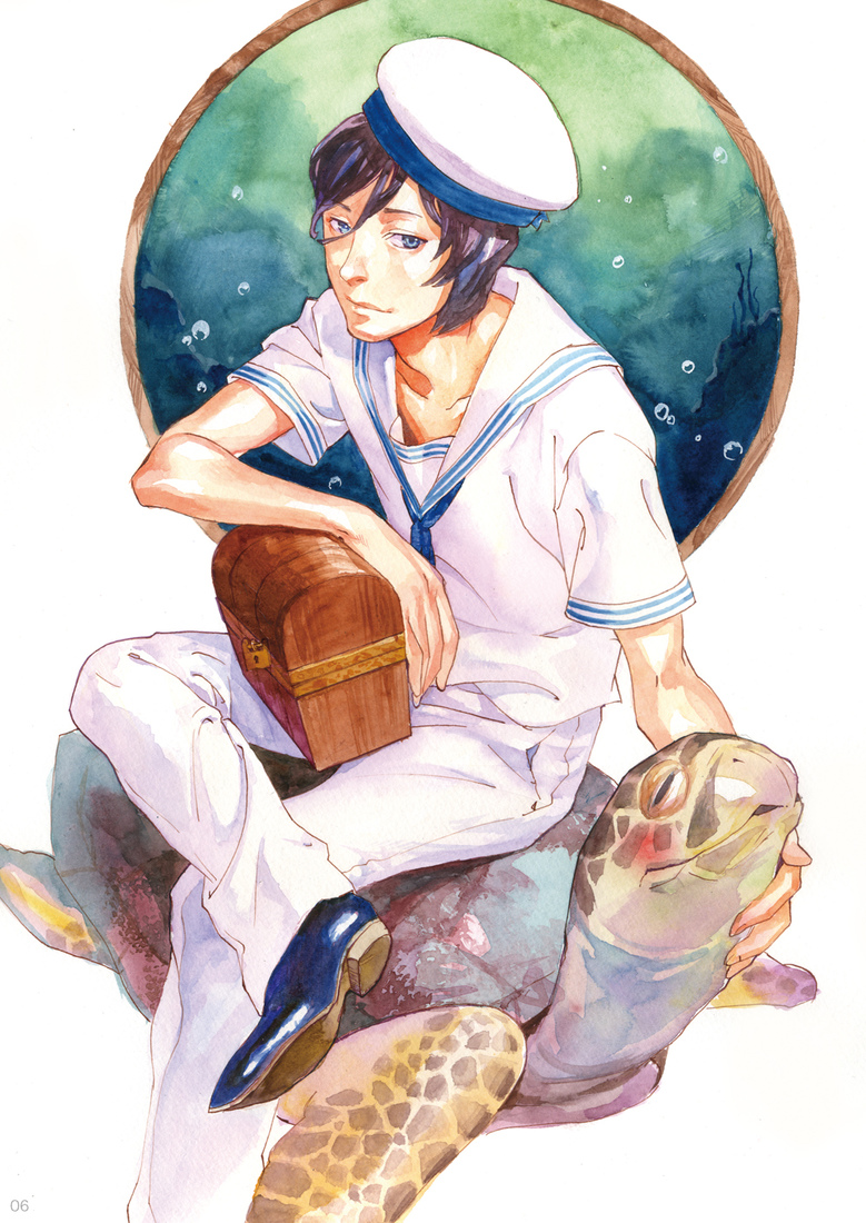 1boy air_bubble animal blue_eyes blue_footwear blush bubble crossed_legs hair_between_eyes hat molyuu ocean_bottom original sailor sailor_collar sailor_hat short_hair short_sleeves sitting_on_animal solo treasure_chest turtle water white_sailor_collar yuu_(mol)