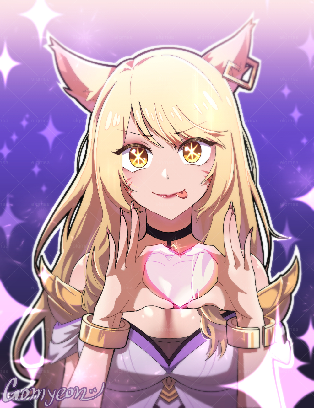 1girl ahri_(league_of_legends) animal_ears artist_name black_choker blonde_hair choker closed_mouth collarbone commentary_request dress ear_piercing facial_mark fox_ears fox_girl gomyeon1_7_11 heart heart_hands highres k/da_(league_of_legends) k/da_ahri korean_commentary league_of_legends long_hair off-shoulder_dress off_shoulder oshi_no_ko piercing purple_dress solo sparkle star-shaped_pupils star_(symbol) swept_bangs symbol-shaped_pupils tongue tongue_out whisker_markings yellow_eyes