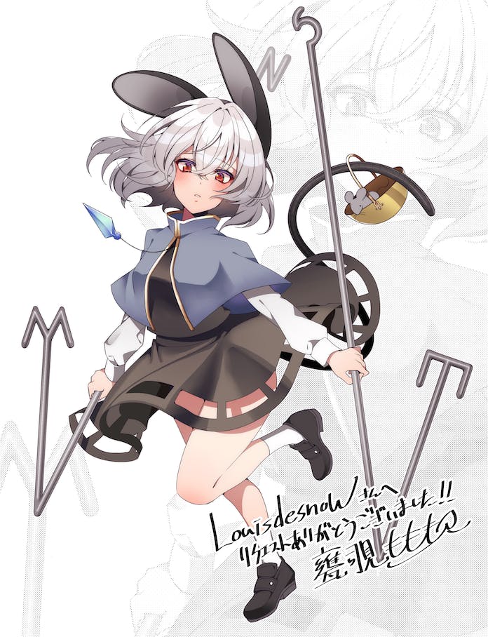 1girl animal_ears basket black_footwear capelet commentary commission crossed_bangs dowsing_rod dress full_body grey_capelet grey_dress grey_hair jewelry kamenozoki_momomo long_sleeves looking_at_viewer mouse mouse_ears mouse_girl mouse_tail nazrin parted_lips pendant red_eyes short_hair skeb_commission socks tail touhou white_background white_socks zoom_layer
