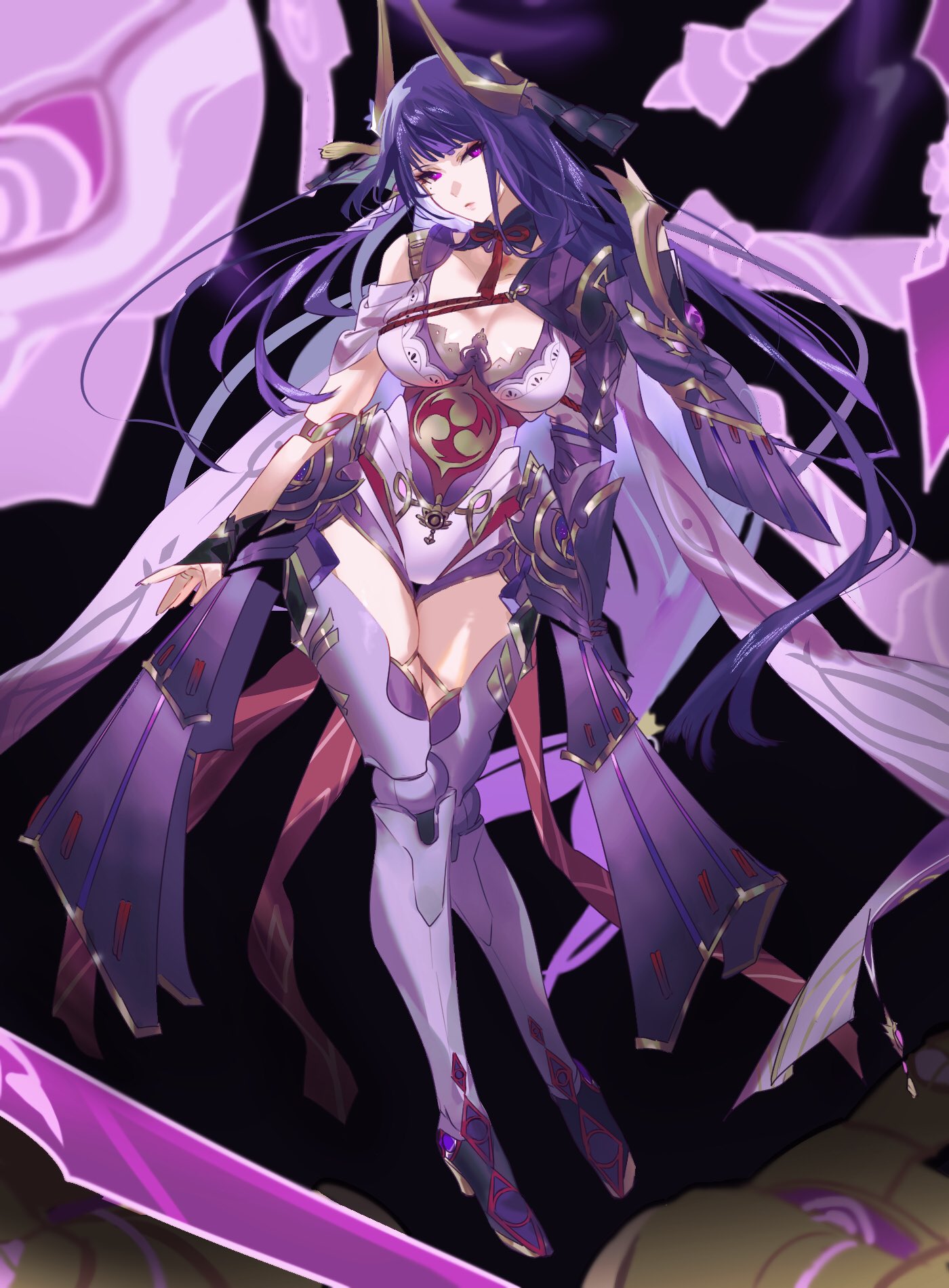 1girl armor genshin_impact glaring highres horn_ornament horns japanese_armor joints looking_at_viewer mikuroron mitsudomoe_(shape) mole mole_under_eye purple_background purple_hair raiden_shogun raiden_shogun_(magatsu_mitake_narukami_no_mikoto) robot_joints solo tomoe_(symbol) violet_eyes