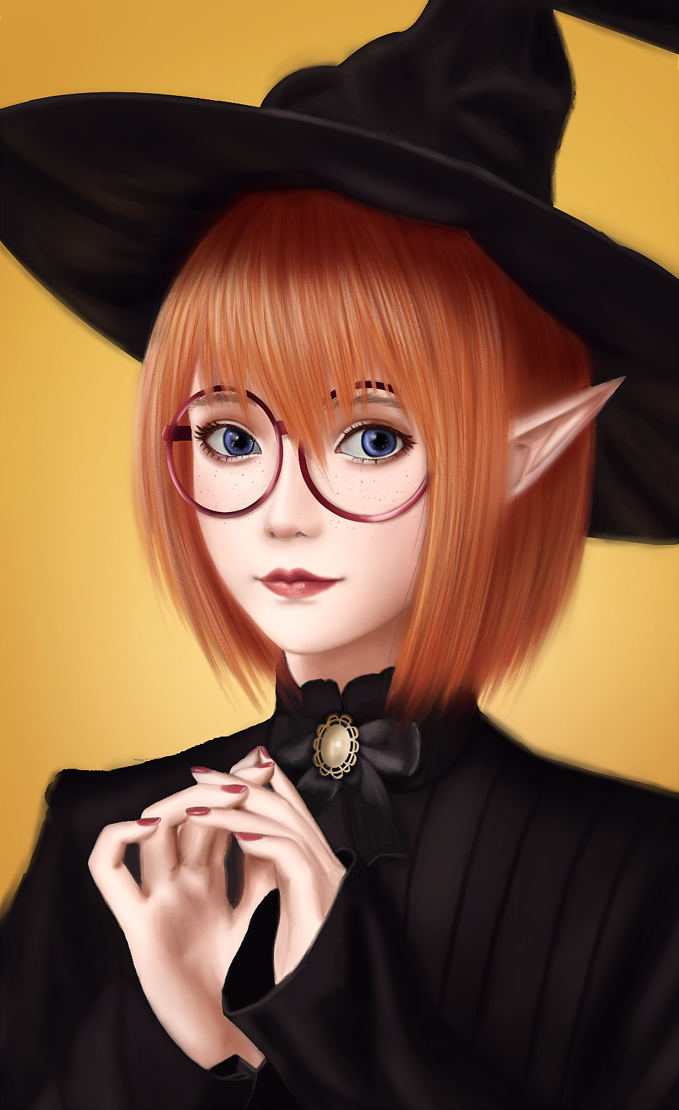 1girl black_dress black_headwear blue_eyes dress elf glasses hat highres looking_at_viewer magical_girl md5_mismatch oreosan original pointy_ears portrait red_lips red_nails redhead self-upload simple_background solo solo_focus top_hat witch witch_hat