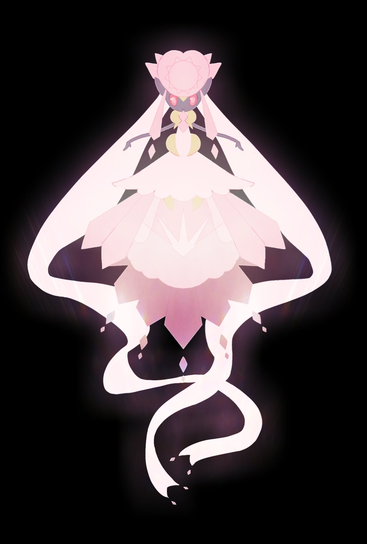 black_background closed_mouth commentary_request diancie full_body highres looking_at_viewer mega_diancie mega_pokemon no_humans outstretched_arms pink_eyes pokemon pokemon_(creature) smile solo wafu_pkmn