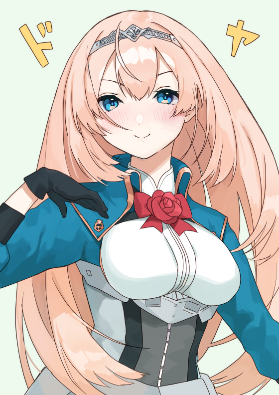1girl black_gloves blonde_hair blue_eyes blush closed_mouth cropped_jacket flower gloves green_background hairband kantai_collection long_hair looking_at_viewer military military_uniform mitsuyo_(mituyo324) red_flower red_ribbon red_rose ribbon rose simple_background smile smug solo tiara uniform upper_body victorious_(kancolle)