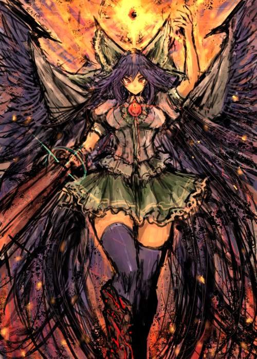 1girl arm_cannon bird_wings black_hair black_thighhighs black_wings bow cape closed_mouth commentary frilled_skirt frills green_bow green_skirt hair_bow long_hair looking_at_viewer moto_murabito red_eyes reiuji_utsuho shirt short_sleeves skirt solo standing thigh-highs third_eye touhou weapon white_cape white_shirt wings