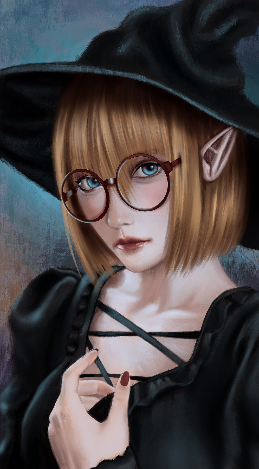 1girl black_dress black_headwear blue_eyes dress elf glasses hat highres looking_at_viewer magical_girl md5_mismatch oreosan original pointy_ears portrait red_lips red_nails redhead self-upload simple_background solo top_hat witch witch_hat