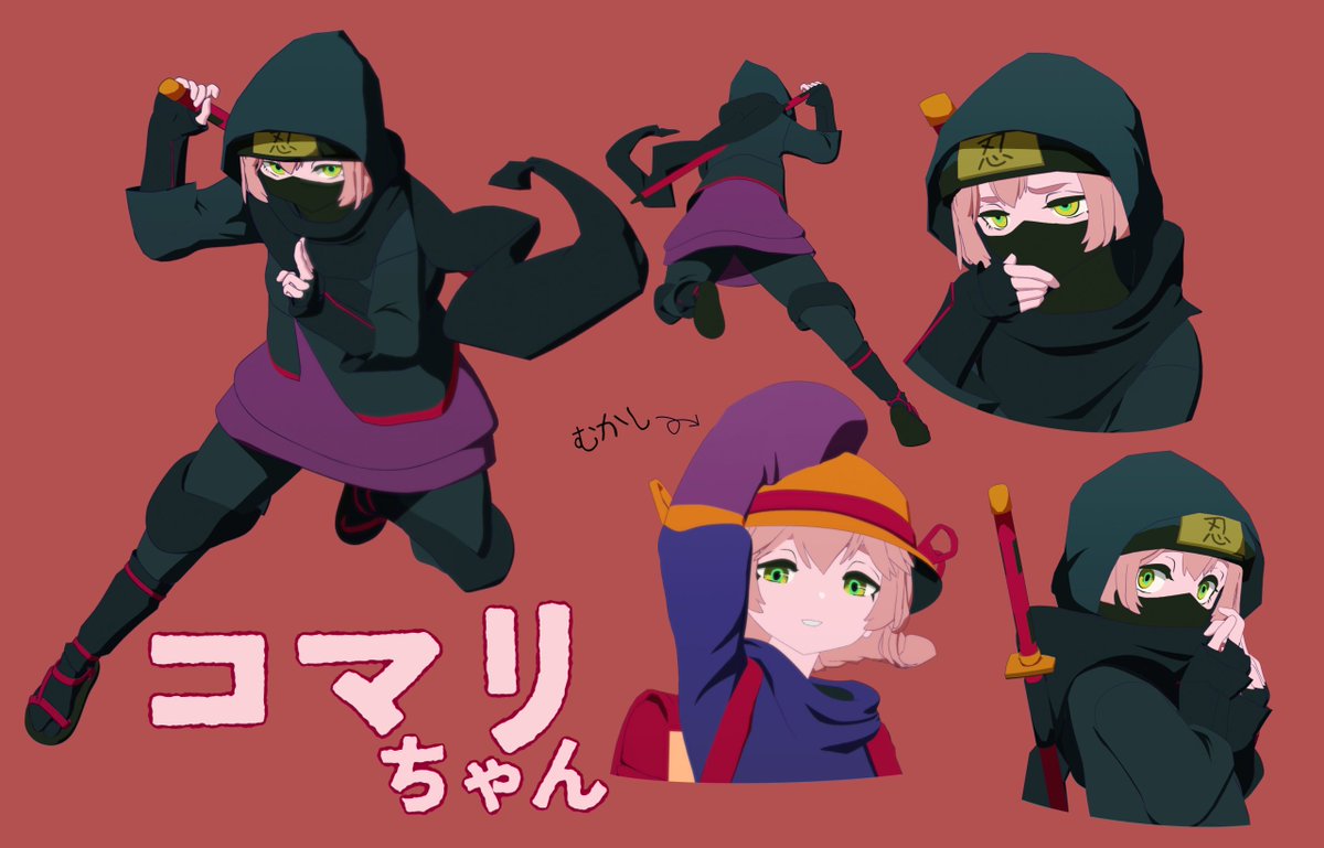 1girl aged_down backpack bag black_mask commentary_request covered_mouth fingerless_gloves forehead_protector gloves hand_gesture hat hat_ribbon holding holding_sword holding_weapon hood jacket knee_pads komari_(yasuda_genshou) looking_at_viewer mask mouth_mask multiple_views ninja ninja_mask original pink_hair reference_sheet ribbon scarf sheath sheathed short_hair simple_background skirt sleeves_past_fingers sleeves_past_wrists sword translation_request weapon yasuda_genshou