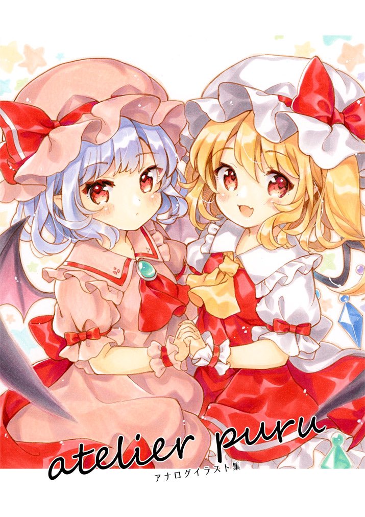 2girls :d ascot bat_wings blonde_hair blue_hair bow brooch crystal dress fang flandre_scarlet grey_dress hat hat_bow jewelry looking_at_viewer mimi_(mimi_puru) mob_cap multiple_girls one_side_up open_mouth pointy_ears red_bow red_eyes red_vest remilia_scarlet short_hair siblings sisters skin_fang smile touhou vest wings yellow_ascot yuri
