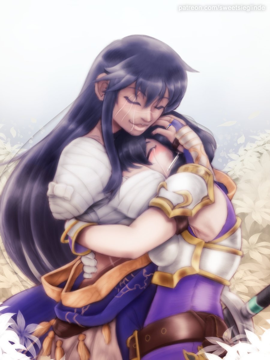 2girls amputee arms_around_back arms_around_neck arms_around_waist ayra_(fire_emblem) bandaged_arm bandages closed_eyes crying earrings fire_emblem fire_emblem:_genealogy_of_the_holy_war fire_emblem_heroes flower hand_on_another's_head happy_tears head_on_chest heads_together highres hug jewelry larcei_(fire_emblem) long_hair missing_limb mother_and_daughter multiple_girls mutual_hug ring scar scar_across_eye scar_on_cheek scar_on_face sieggystardust smile streaming_tears sword tears weapon wedding_ring white_flower