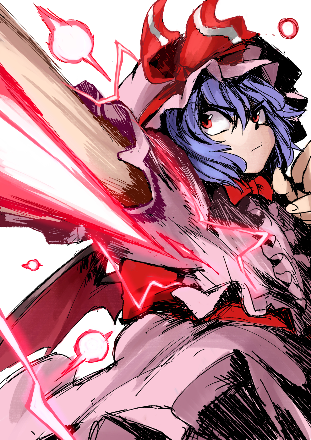 1girl bat_wings battle blue_hair bow breasts bullet closed_mouth contrast danmaku dress eyes_visible_through_hair fighting fisheye frilled_dress frilled_hat frills from_below from_side hair_between_eyes hat hat_bow hat_ribbon hatching hatching_(texture) highres holding holding_weapon linear_hatching looking_away mob_cap pink_dress pink_headwear polearm puffy_short_sleeves puffy_sleeves red_bow red_eyes red_lightning red_ribbon remilia_scarlet ribbon rightorisamraido3 serious short_hair short_sleeves simple_background small_breasts solo spear spear_the_gungnir touhou unusually_open_eyes upper_body weapon white_background white_stripes wings