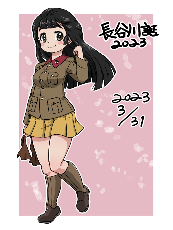 1girl 2023 alternate_hairstyle birthday black_eyes black_hair blunt_bangs blunt_ends blush_stickers boots brown_footwear brown_jacket character_name chi-hatan_military_uniform closed_mouth dated girls_und_panzer hair_down hair_ribbon hasegawa_tatsu holding holding_ribbon jacket knee_boots long_hair long_sleeves looking_at_viewer military military_uniform miniskirt outline outside_border pink_background pleated_skirt ribbon ribbon_removed skirt smile solo standing takahashi_kurage translated uniform white_outline yellow_skirt