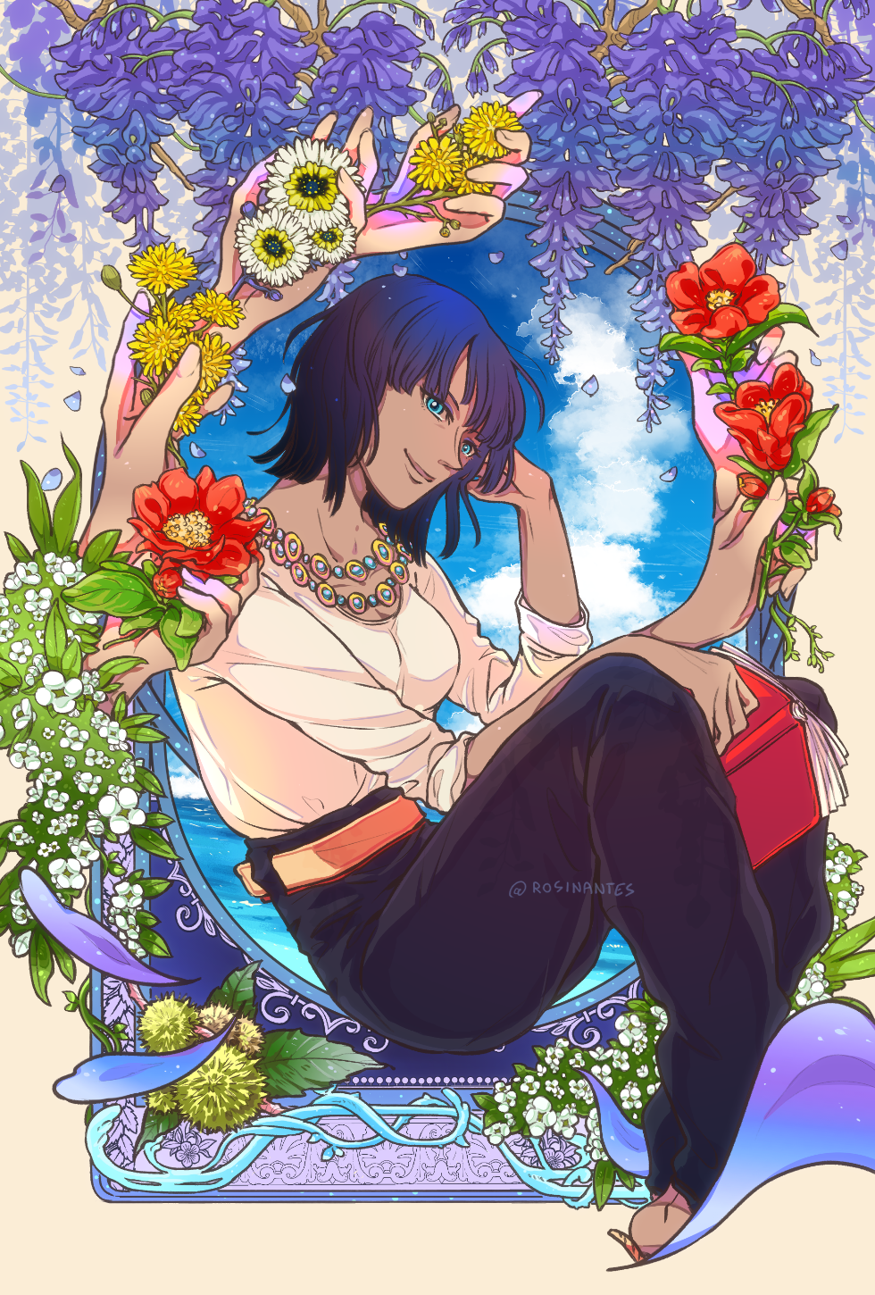 1girl artist_name barefoot black_hair blue_eyes blue_sky book breasts clouds cloudy_sky disembodied_limb eyelashes flower head_rest highres holding holding_flower jewelry looking_at_viewer medium_breasts medium_hair multiple_hands necklace nico_robin one_piece open_book open_mouth oversized_limbs rosinantes shirt shirt_tucked_in sitting_in_window sky smile twitter_username white_shirt window