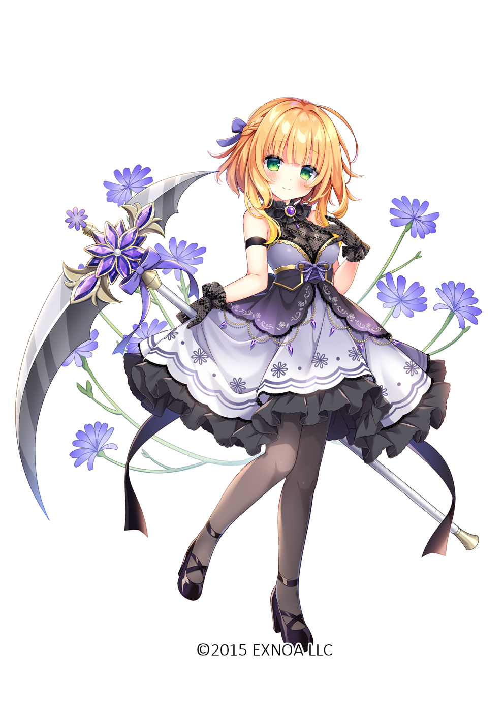 1girl armlet black_bow black_footwear black_gloves blonde_hair blush bow braid breasts brooch chicory_(flower) chicory_(flower_knight_girl) closed_mouth dot_nose dress flower_knight_girl full_body gloves green_eyes grey_pantyhose hair_bow hair_intakes highres holding holding_scythe jewelry looking_at_viewer medium_breasts name_connection object_namesake official_art pantyhose purple_bow purple_dress scythe shoes short_hair simple_background smile solo standing standing_on_one_leg umeko_machi white_background
