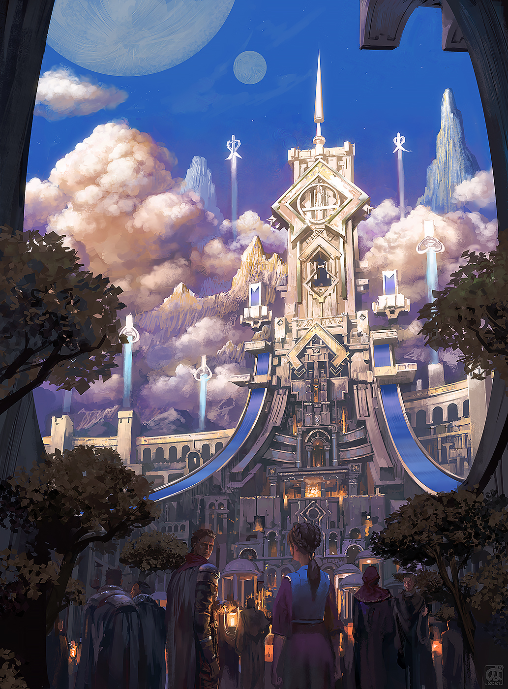 6+others blue_sky building castle clouds crowd fantasy floating floating_object highres moon mountain multiple_others noba original outdoors people scenery sky tree