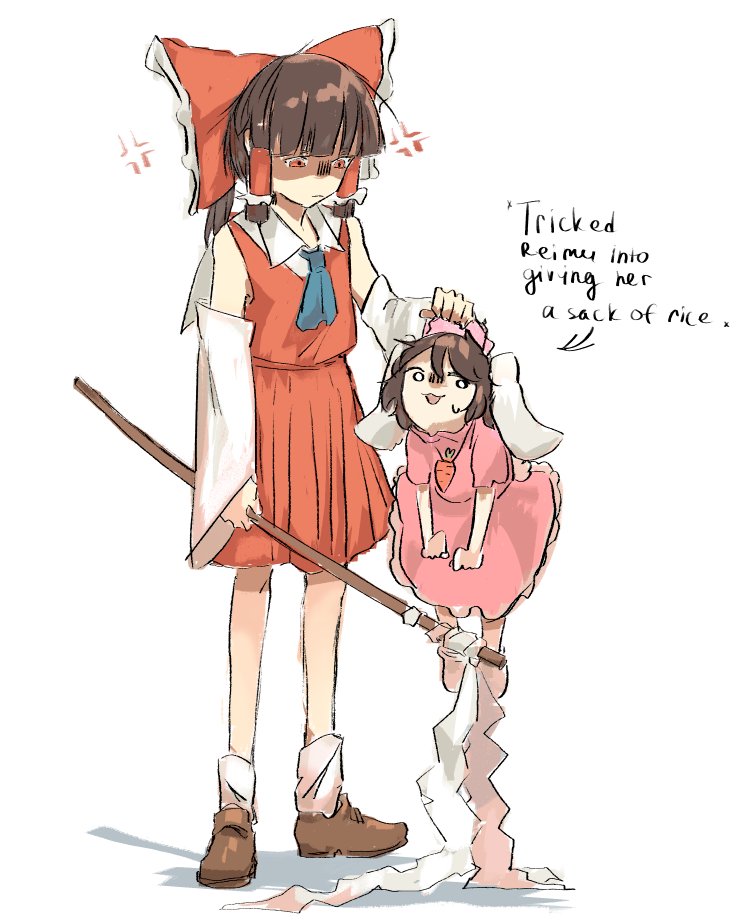 2girls :3 :d anger_vein animal_ears ascot bare_shoulders blue_ascot blunt_bangs blunt_tresses bow brown_hair carrot_necklace detached_sleeves dress english_commentary english_text flat_chest floppy_ears frilled_hair_tubes frills full_body glaring gohei hair_bow hair_tubes hakurei_reimu holding holding_stick inaba_tewi jewelry long_sleeves looking_at_another looking_to_the_side multiple_girls necklace o_o pink_dress rabbit_ears rabbit_tail red_skirt red_vest shaded_face shadow short_hair simple_background size_difference skirt skirt_set sleeves_past_wrists smile sparkle71059204 standing stick sweat tail touhou vest white_background