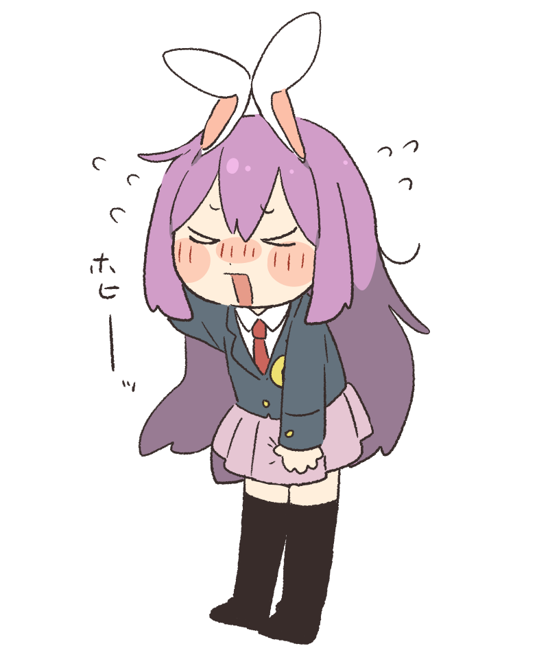 &gt;_&lt; 1girl :d animal_ears arm_behind_head arm_up black_thighhighs blazer blush chibi citrus_(place) closed_eyes closed_jacket dot_nose embarrassed facing_viewer flustered flying_sweatdrops full_body furrowed_brow jacket lavender_skirt legs_together long_hair long_sleeves miniskirt necktie nose_blush open_mouth pleated_skirt purple_hair purple_skirt rabbit_ears red_necktie reisen_udongein_inaba simple_background skirt skirt_tug smile solo standing thigh-highs toes_up touhou white_background wing_collar xd zettai_ryouiki