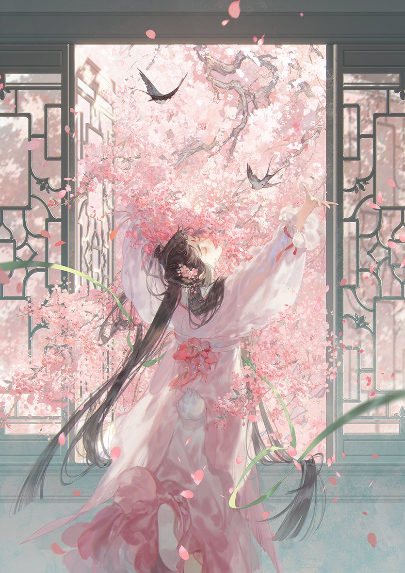 1girl animal arms_up bird branch cherry_blossoms chinese_clothes closed_eyes day double_bun dress facial_mark facing_up falling_petals flats flower forehead_mark from_behind green_ribbon hair_bun hair_flower hair_ornament hair_over_shoulder hanfu happy indoors long_hair long_sleeves open_window original parted_lips petals pink_dress pink_theme puffy_long_sleeves puffy_sleeves rabbit_girl rabbit_tail ribbon see-through_silhouette shoe_soles spring_(season) standing standing_on_one_leg tail twintails very_long_hair window zzzi_gn