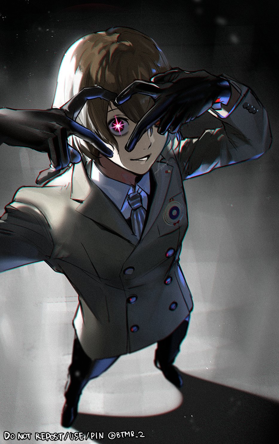 1boy akechi_gorou black_gloves brown_hair btmr_game coat collared_shirt gloves grey_coat hair_between_eyes heart heart_hands highres long_sleeves looking_at_viewer male_focus necktie oshi_no_ko pants parody persona persona_5 shirt signature simple_background solo standing star-shaped_pupils star_(symbol) symbol-shaped_pupils twitter_username white_shirt