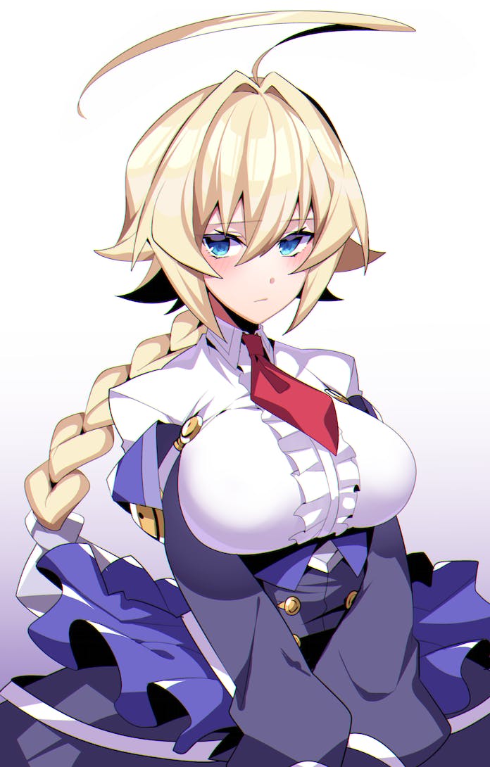 1girl ahoge ascot blazblue blonde_hair blue_eyes braid braided_ponytail breasts closed_mouth commentary commission english_commentary es_(xblaze) gradient_background hair_intakes huge_ahoge kamenozoki_momomo large_breasts long_hair long_sleeves looking_at_viewer red_ascot sile single_braid skeb_commission solo upper_body white_background xblaze