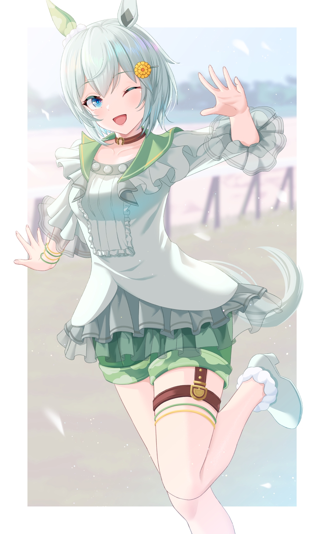 1girl ;d blue_eyes brown_choker choker ear_covers feet_out_of_frame flower frilled_shirt frills green_sailor_collar green_shorts hair_flower hair_ornament hairclip high_heels highres horse_girl layered_shirt layered_sleeves leg_up light_green_hair long_sleeves looking_at_viewer one_eye_closed philo_324 pumps sailor_collar see-through see-through_sleeves seiun_sky_(umamusume) shirt short_hair shorts single_ear_cover smile solo sunflower_hair_ornament thigh_strap umamusume white_footwear white_shirt